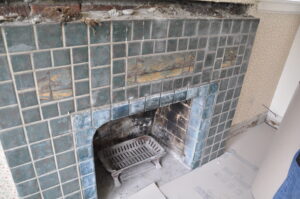 Batchelder tile fireplace in blue