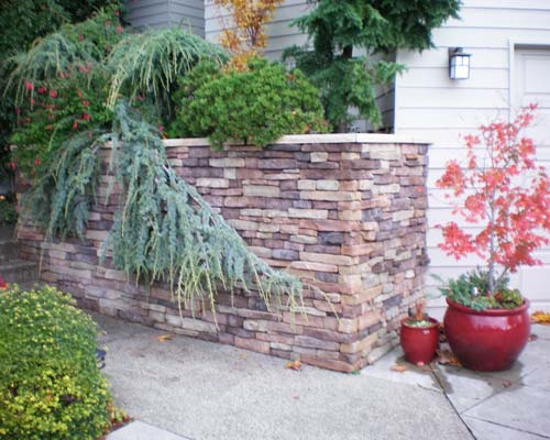 A touch added after the project was under way: new stacked cultured stone installed over what was a plain painted concrete wall.  The stone adds color and interest to the entry