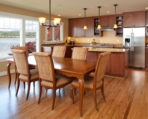 The open floor plan places the dining room and kitchen side by side.  The views of Lake Washington area great, but so are the views of the kitchen