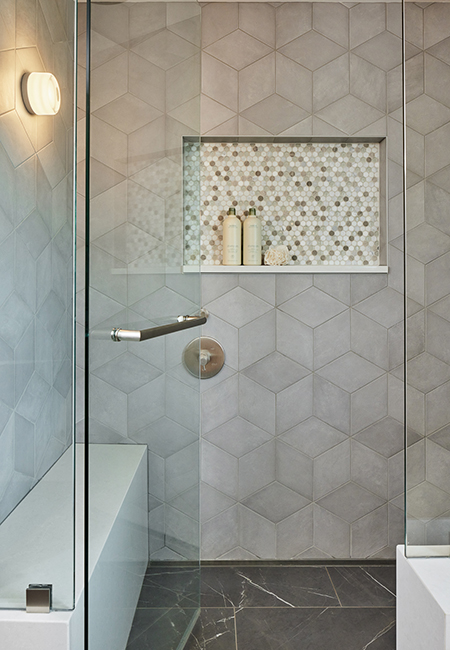 closeup of shower and tile niche
