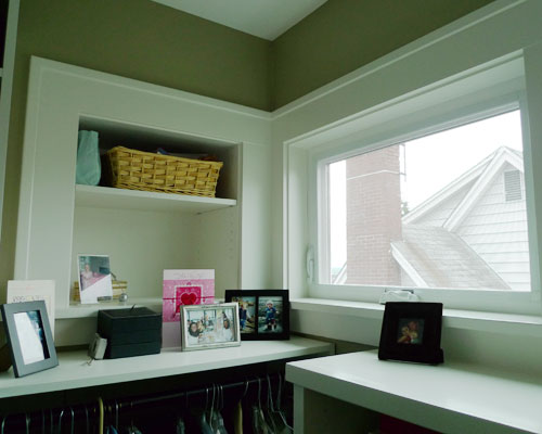 The bedroom is smaller because there's a new master closet, with a full closet organizing system and some stylized niches