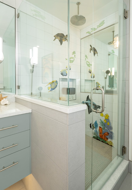 shower includes hand painted tiles