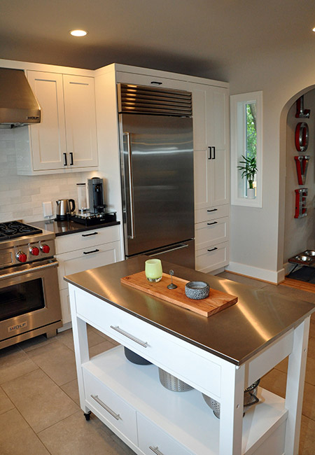 island and refrigerator in kitchen addition