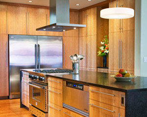 The other side of the island includes the gas range and a drawer microwave.  Beyond, the cabinets have an inset desk area and room for cat dishes below.  The cabinets there now go all the way to the ceiling, thanks to the removal of the soffit there.  Separate fridge and freezer appliances make for a double-wide refrigeration system perfect for parties