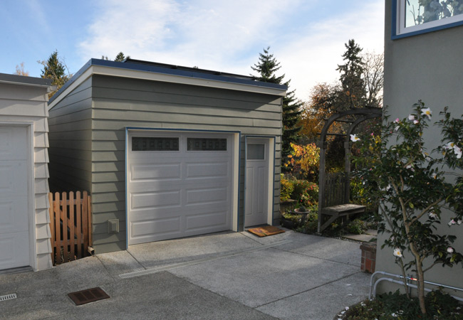 Front view of garage rebuild in West Seattle